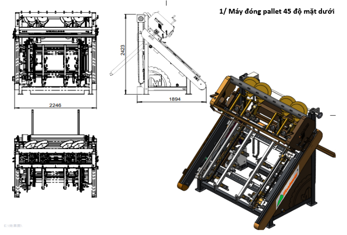HỆ THỐNG MÁY ĐÓNG PALLET TỰ ĐỘNG KIỂU 45 ĐỘ